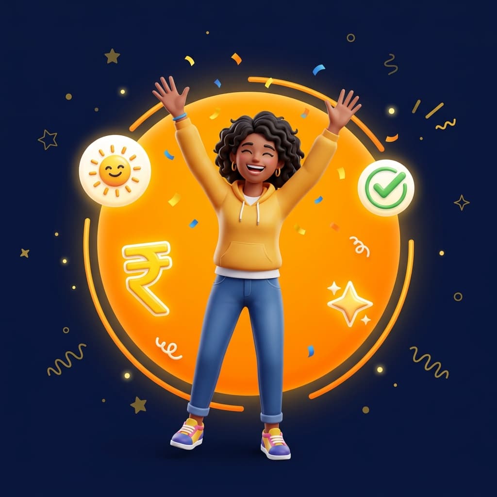 Happy person celebrating rewards with solar symbols